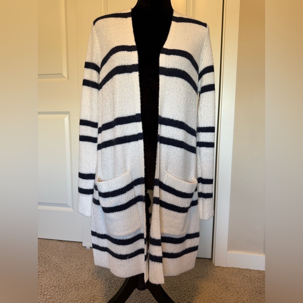 Striped Open-Front Cardigan Sweater - Navy and White